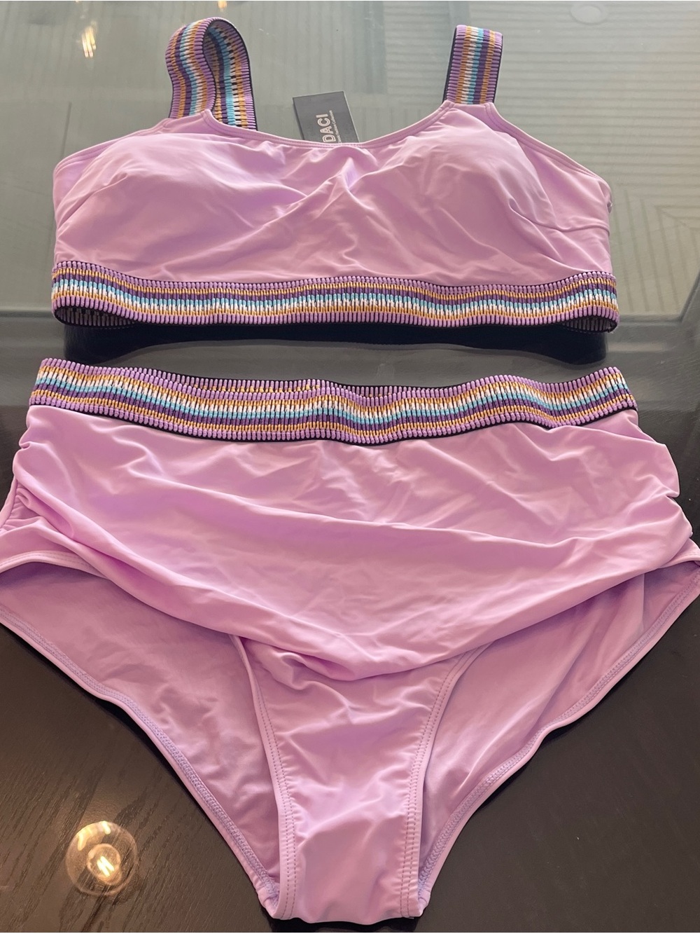 Women's Lavender Two-Piece Swim Set with Multicolor Trim